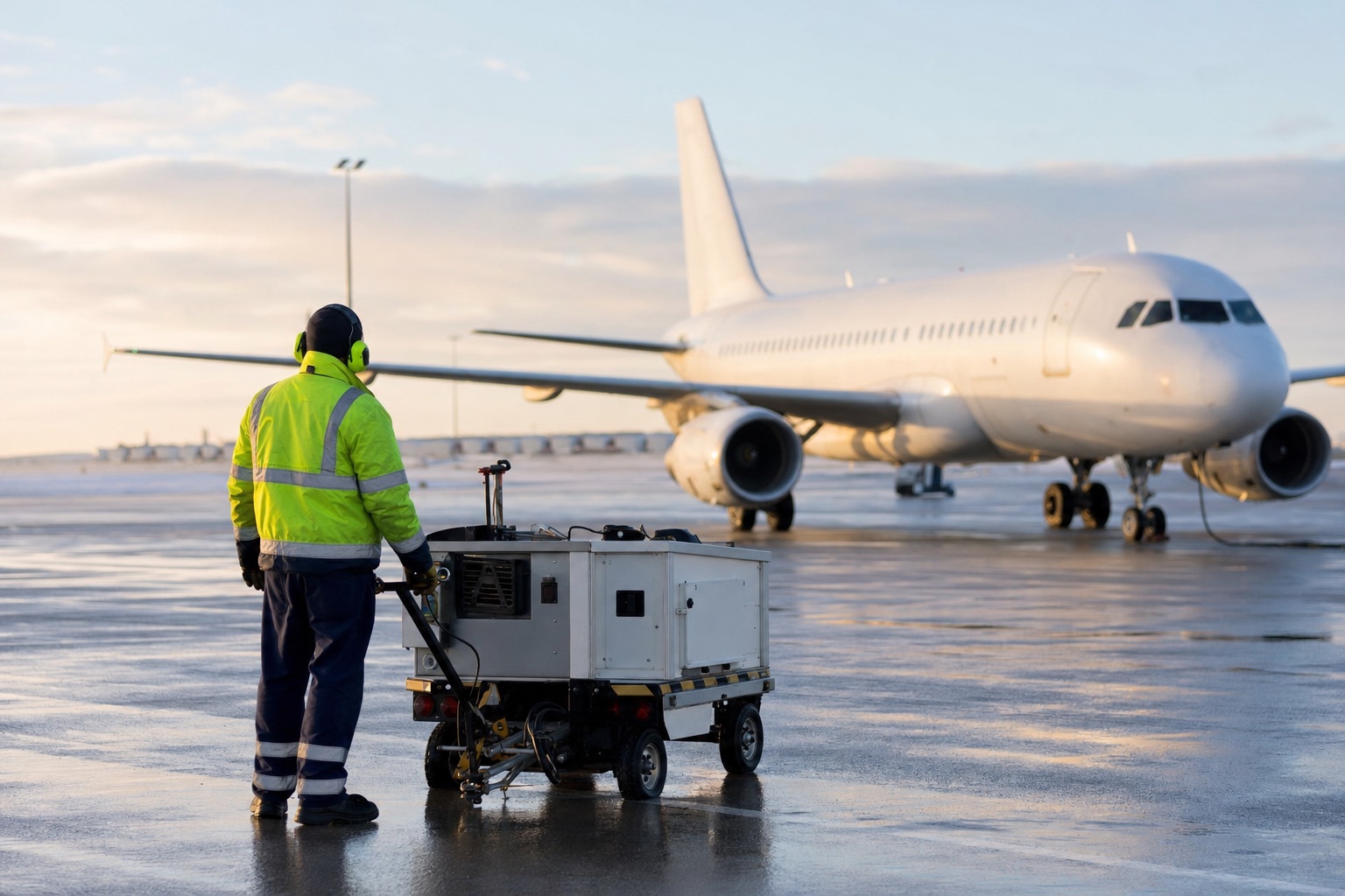 Airside ground crew working on the airport apron beside an aircraft