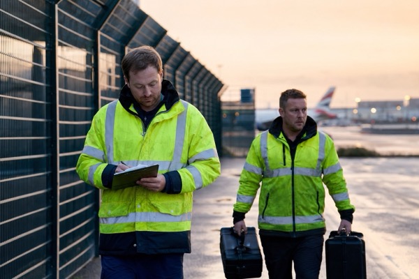 Two ground crew in high-visibility jackets on the apron, one writing on a clipboard