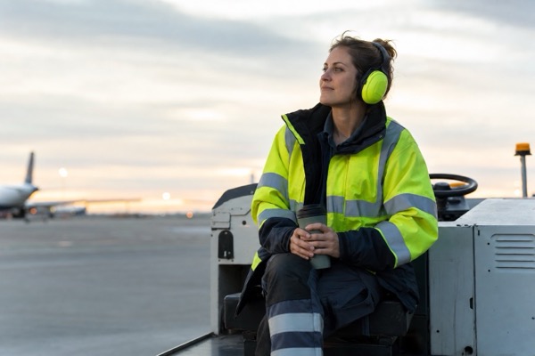 Airside worker on the apron at golden hour after a shift